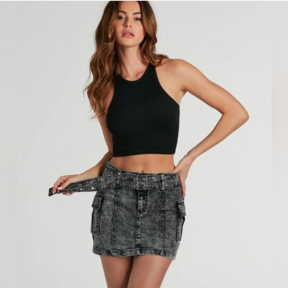 Windsor Belted Denim Mini Skirt Black Acid Wash Medium